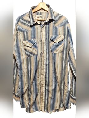 Western Craft Blue and Beige Striped Casual Button-Down Shirt